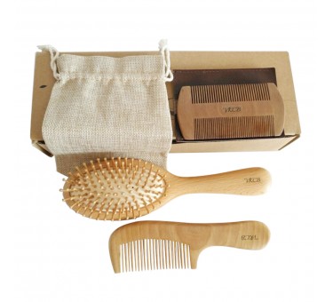 Family wood comb Pack - Wood Beard Comb with Case and Wooden Hair Brush with Cotton Bag Kit for Home and Travel 3 pcs