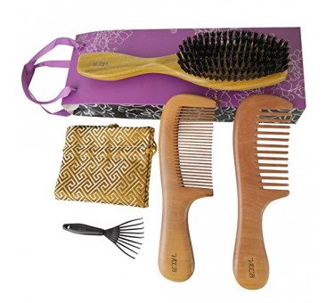 Boar Bristle Hair Brush with Natural Green Sandalwood Handle Set for Women and Men Thin Hair - Peach Wood Comb (Wide Tooth and Fine Tooth）Massage Scalp for Medium to Thick Hair Gift Packaged 3 Pcs