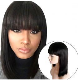 Brazilian Human Hair Bob Wigs with Bangs Yaki Machine Made Glueless Short Wigs with Wood comb and Wig Cap (12 Inch, Natural Color）