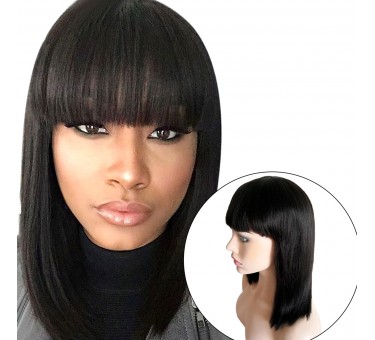 Brazilian Human Hair Bob Wigs with Bangs Yaki Machine Made Glueless Short Wigs with Wood comb and Wig Cap (12 Inch, Natural Color）