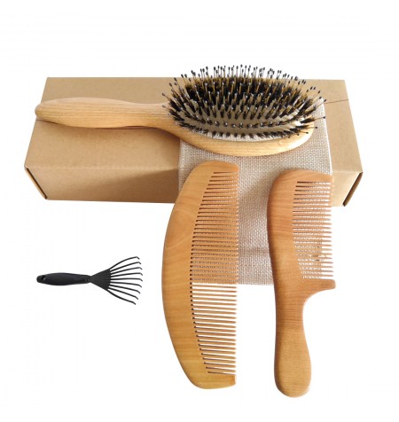 Boar Bristle Hair Brush with Natural Wooden Comb and Peach Wood Beard Comb Massage Scalp for Men and Women Medium to Thick Hair 3 pcs